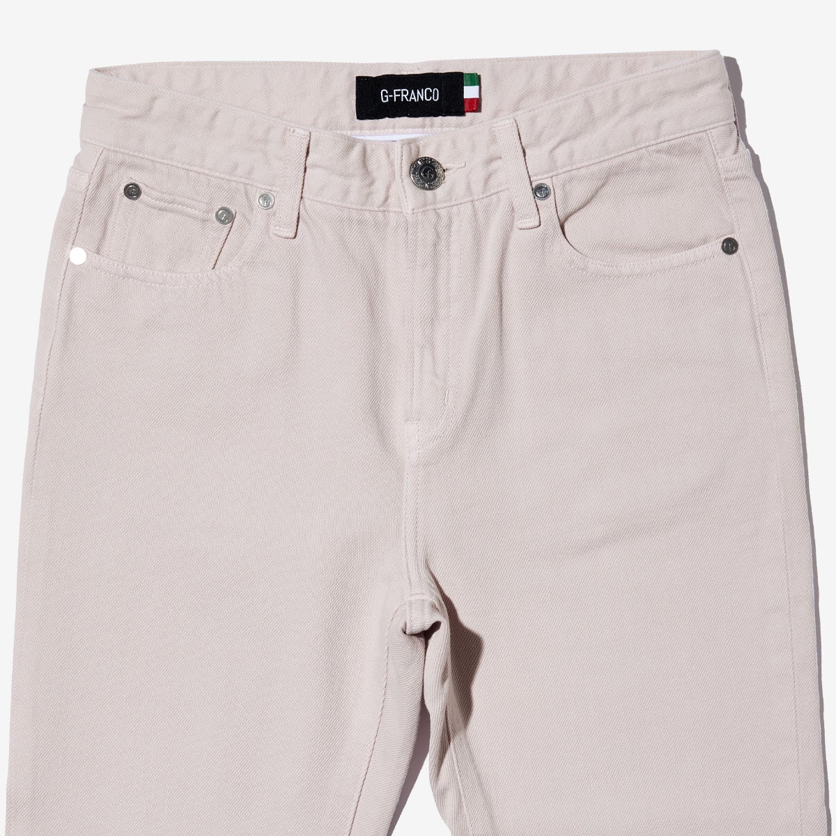 G-FRANCOのレディースジーンズ、COLOR DENIM（カラーデニム）Pink（ピンク）の正面からのアップ