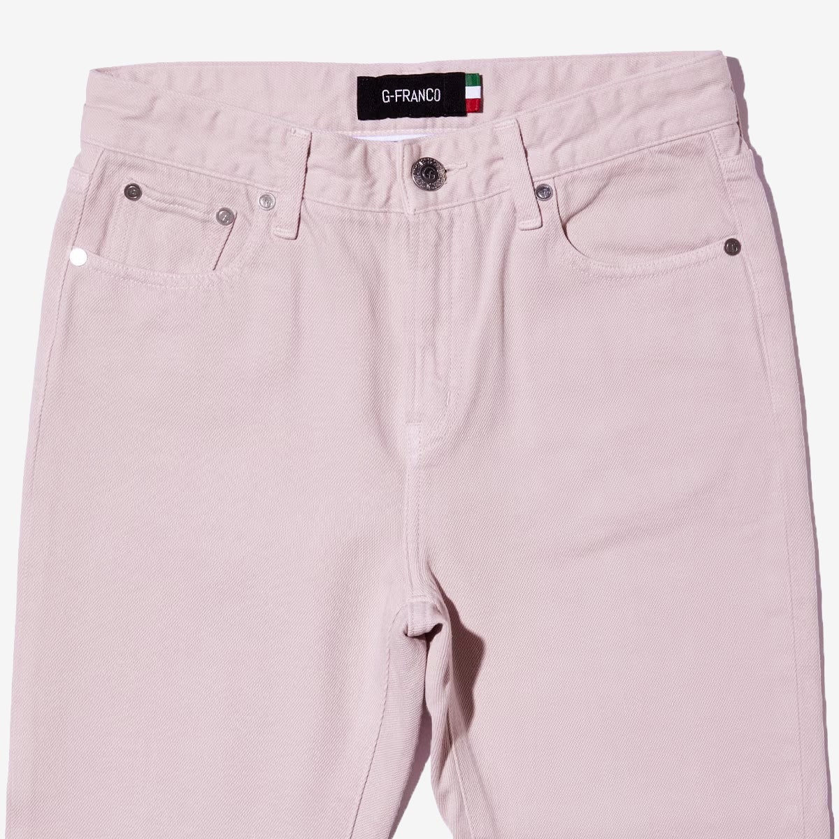 G-FRANCOのレディースジーンズ、COLOR DENIM（カラーデニム）Pink（ピンク）の正面からのアップ