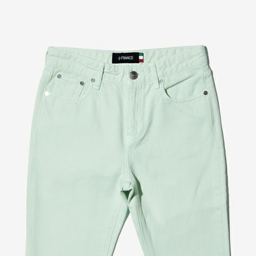 G-FRANCOのレディースジーンズ、COLOR DENIM（カラーデニム）Mint（ミント）の正面からのアップ