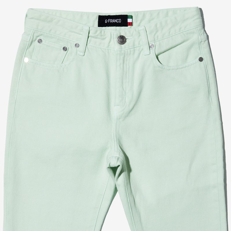 G-FRANCOのレディースジーンズ、COLOR DENIM（カラーデニム）Mint（ミント）の正面からのアップ