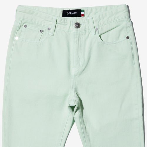 G-FRANCOのレディースジーンズ、COLOR DENIM（カラーデニム）Mint（ミント）の正面からのアップ