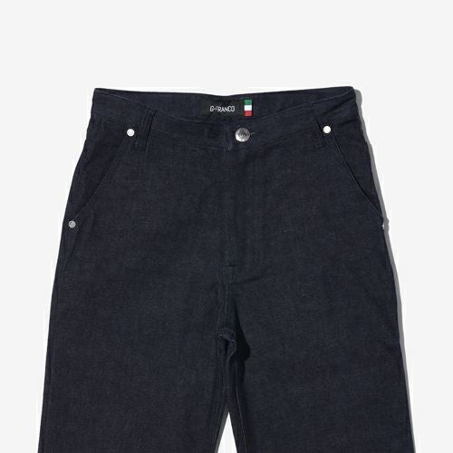 G-FRANCOのレディースジーンズ、HIGH WEST FLARE（ハイウェストフレア）Indigo（インディゴ）の正面からのアップ