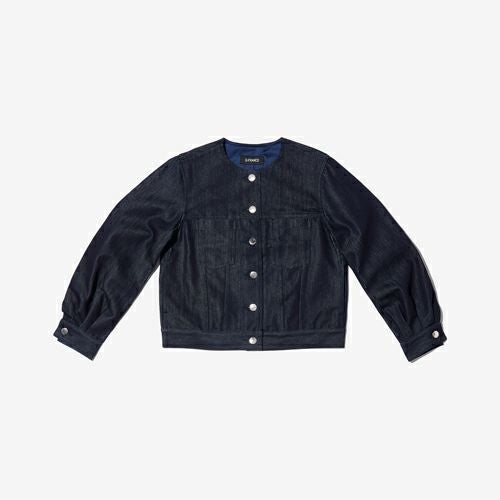 G-FRANCOのレディースデニムジャケット、COLLARLESS SILK JACKET（カラーレスシルクジャケット）Indigo（インディゴ）の正面からの全体図