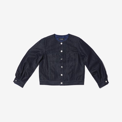 G-FRANCOのレディースデニムジャケット、COLLARLESS SILK JACKET（カラーレスシルクジャケット）Indigo（インディゴ）の正面からの全体図