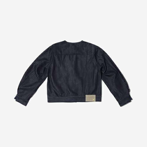 G-FRANCOのレディースデニムジャケット、COLLARLESS SILK JACKET（カラーレスシルクジャケット）Indigo（インディゴ）の背面からの全体図