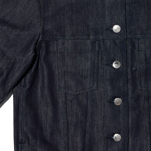 G-FRANCOのレディースデニムジャケット、COLLARLESS SILK JACKET（カラーレスシルクジャケット）Indigo（インディゴ）のボタン周り