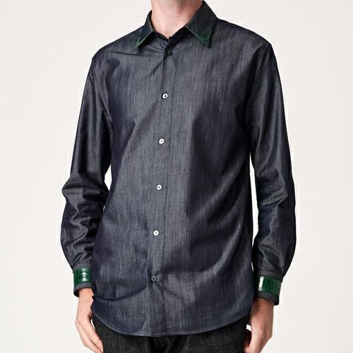 G-FRANCOのメンズデニムシャツ蚕糸（サンシ）の正面からの着画像