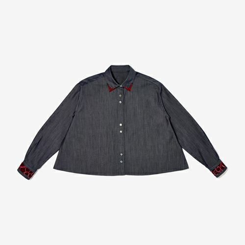 G-FRANCOのウィメンズデニムシャツ繭百合（マユリ）カンパリの正面からの画像