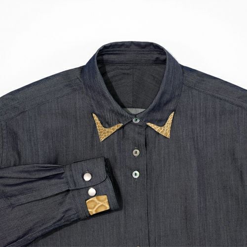 G-FRANCOのウィメンズデニムシャツ繭百合（マユリ）シルクの正面からの拡大画像